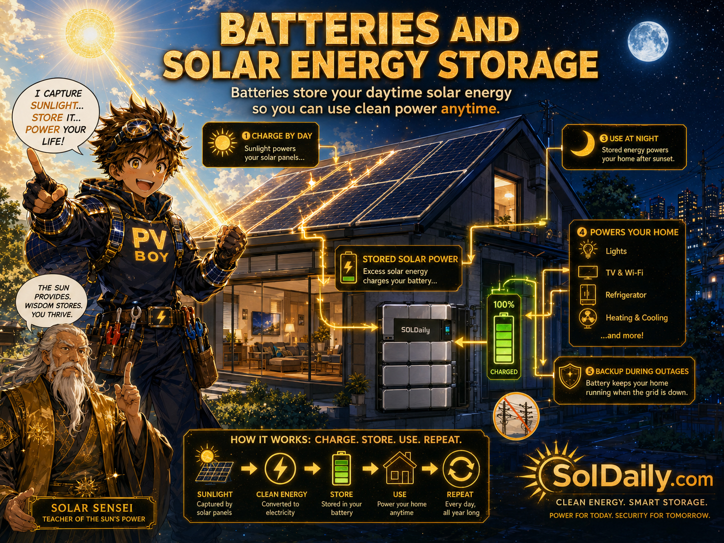 PV Boy and The Solar Man explaining solar batteries storing daylight for later use with an inverter, protected loads, and monitoring screen