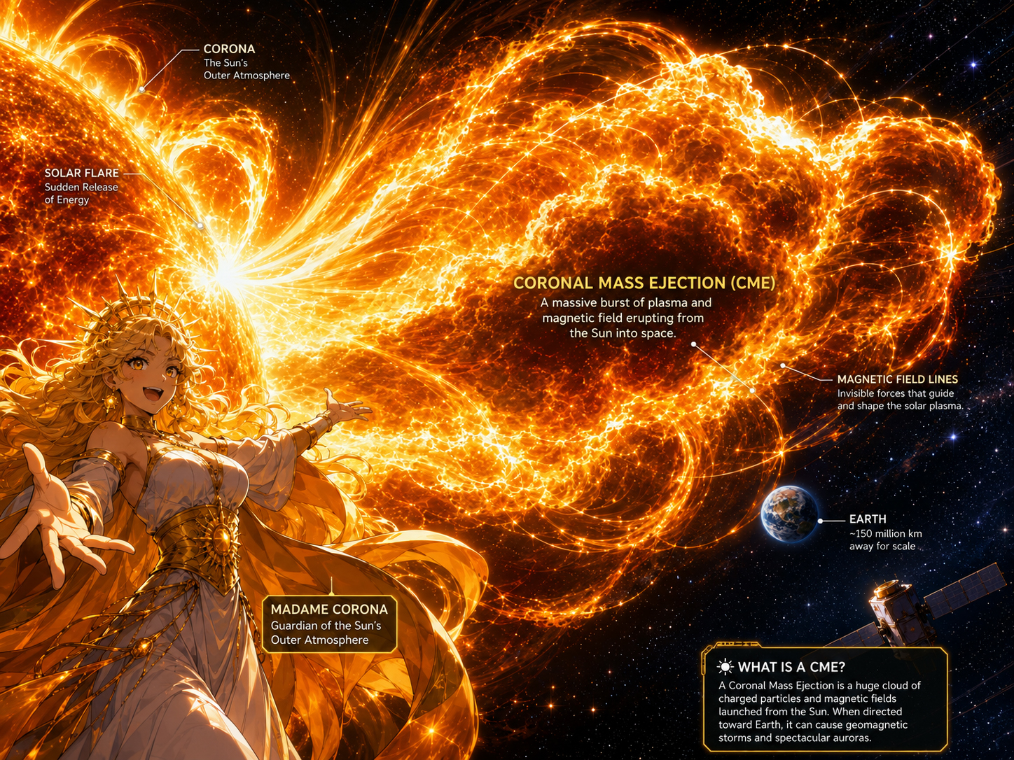 Madame Corona standing beside a massive coronal mass ejection erupting from the Sun into space