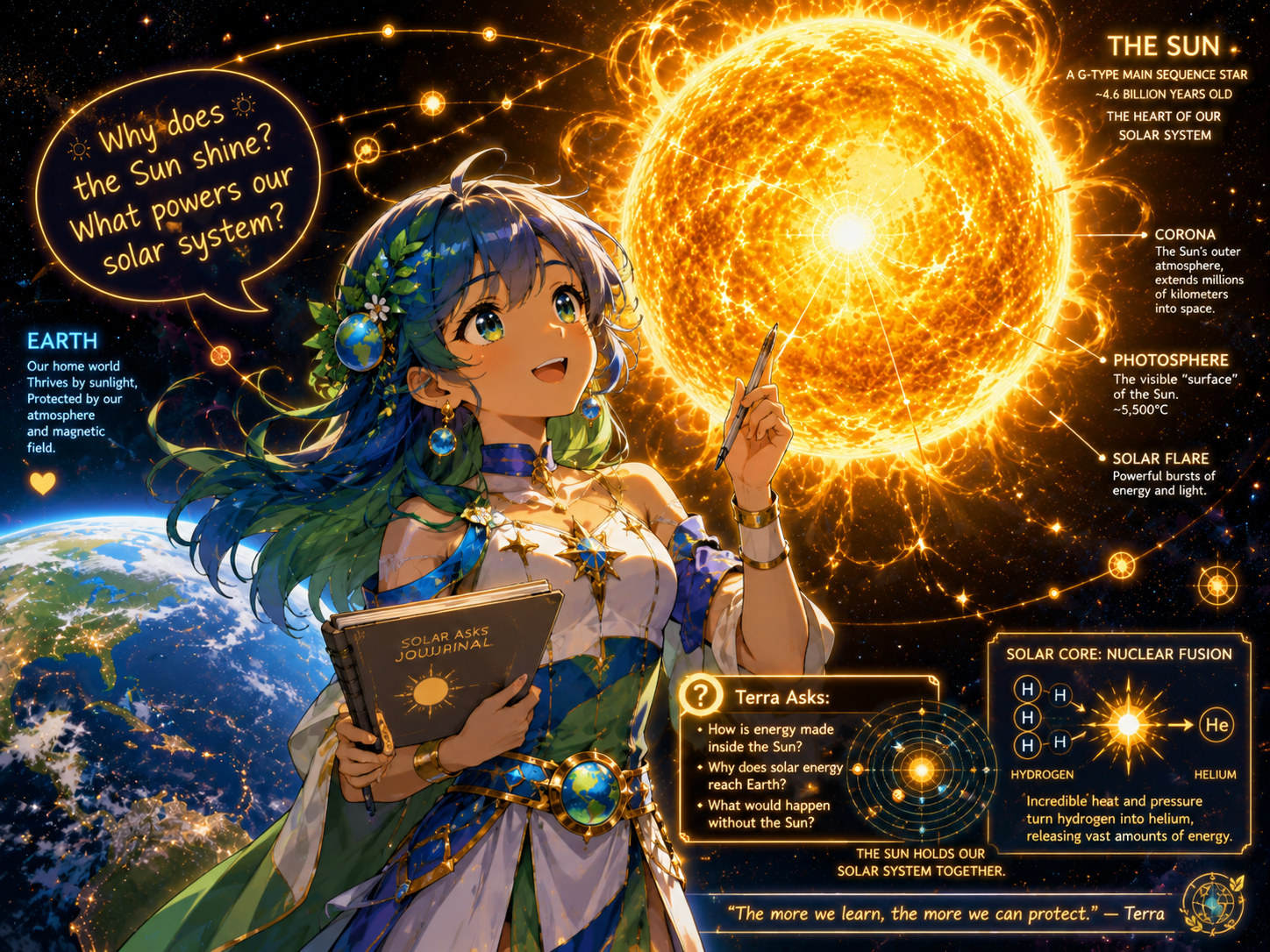 Earth Girl Terra looking up at the Sun with a notebook, asking what solar science means for life on Earth