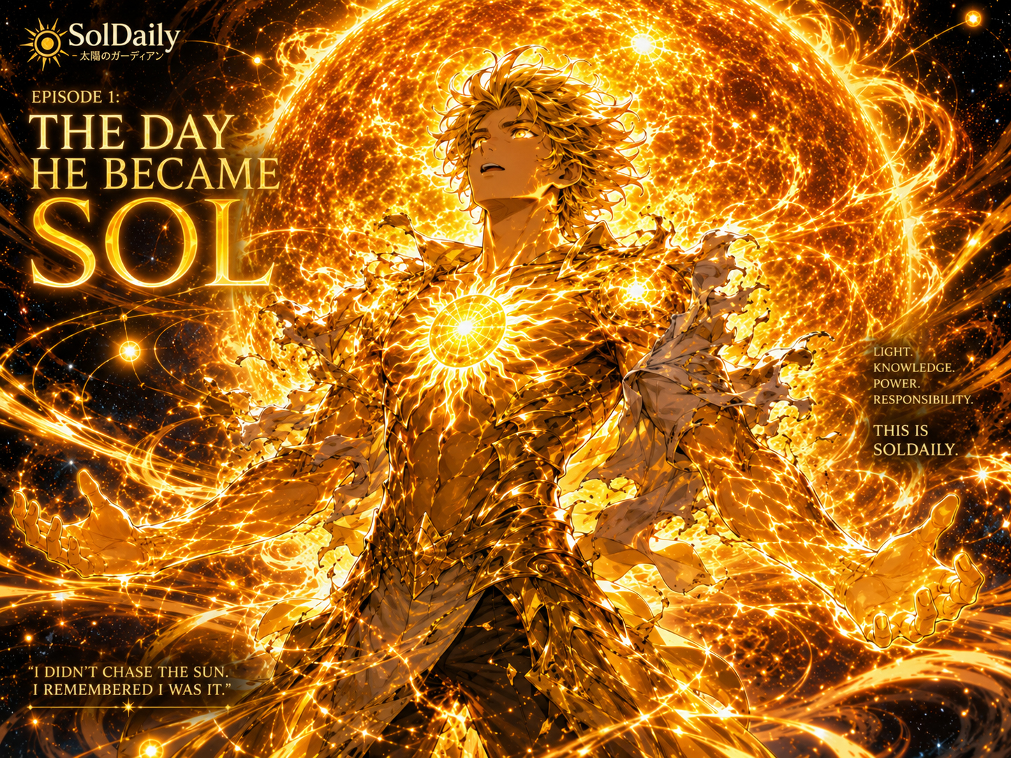 The Solar Man transforming into a golden solar hero before the Sun