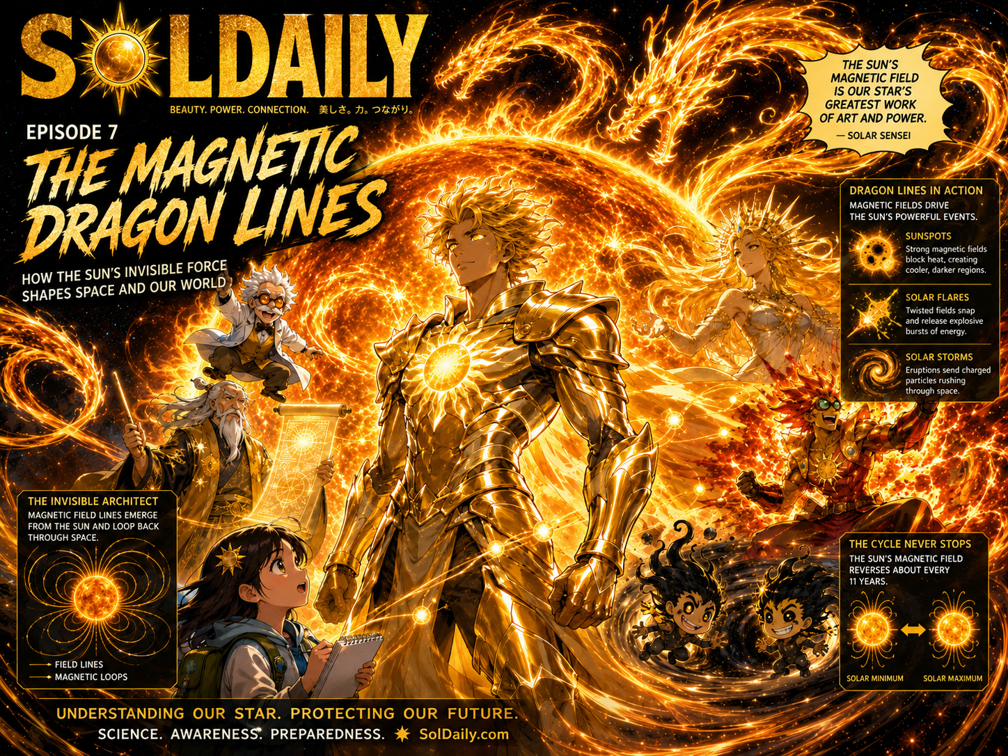 Magnetic dragon lines twisting around the Sun