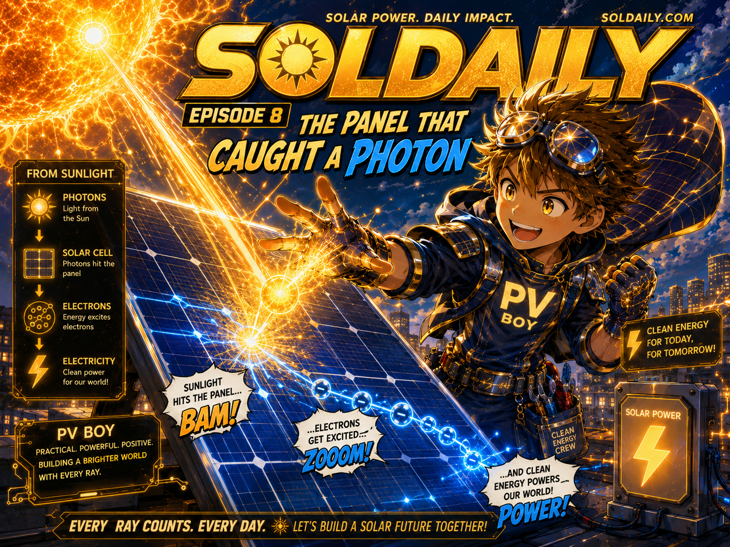 PV Boy catching Professor Photon in a rooftop solar panel