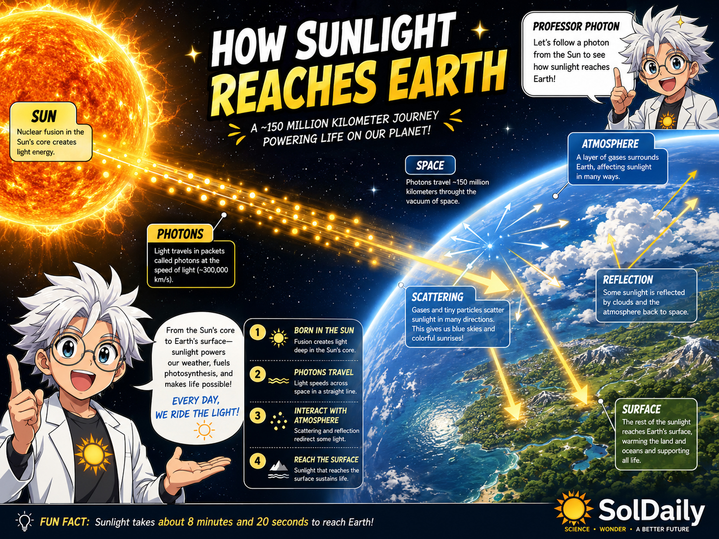 Professor Photon riding sunlight from the Sun through space toward Earth and rooftop solar panels