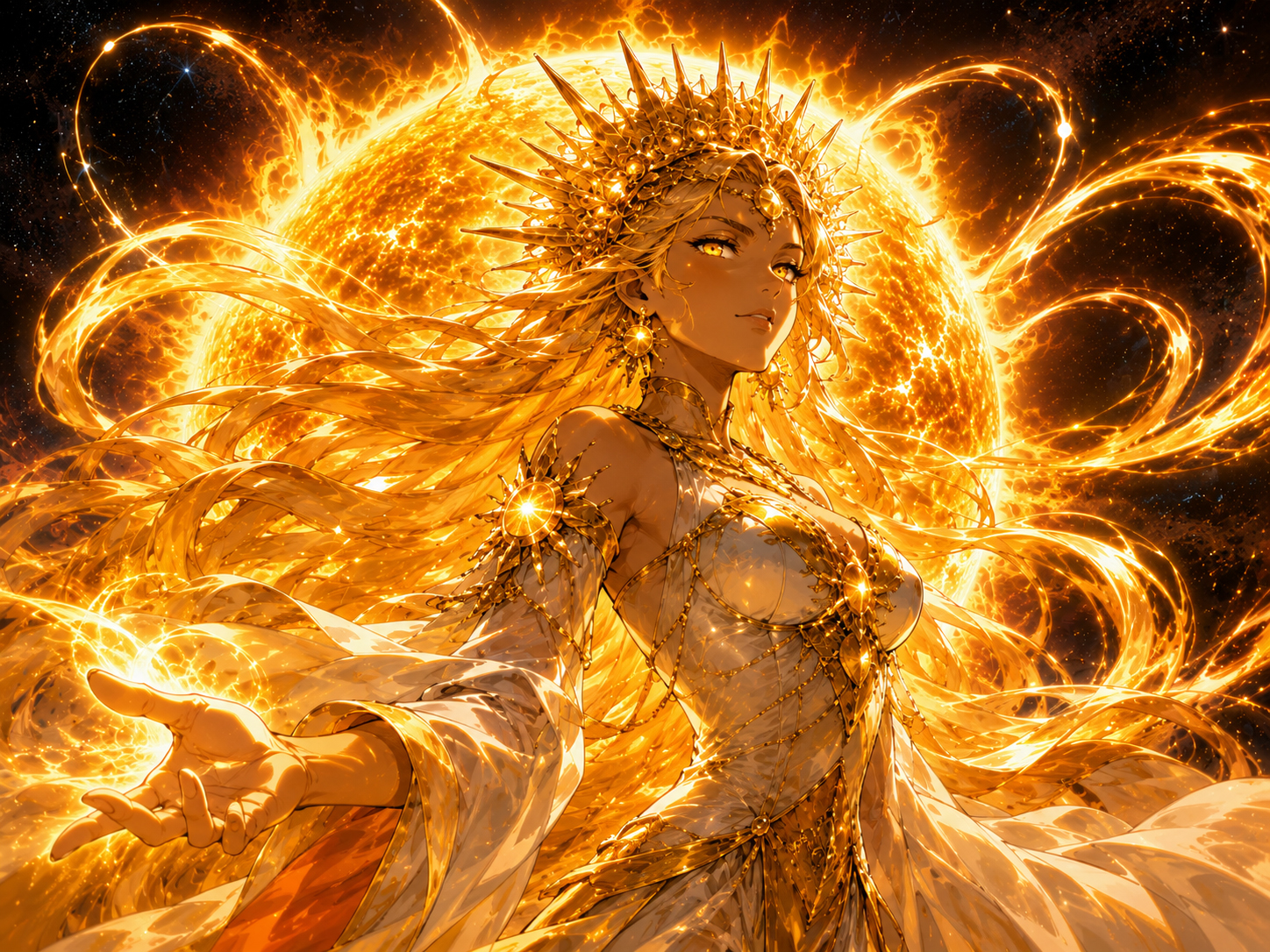 Madame Corona, a regal manga solar queen with a luminous plasma crown and coronal loops around the Sun