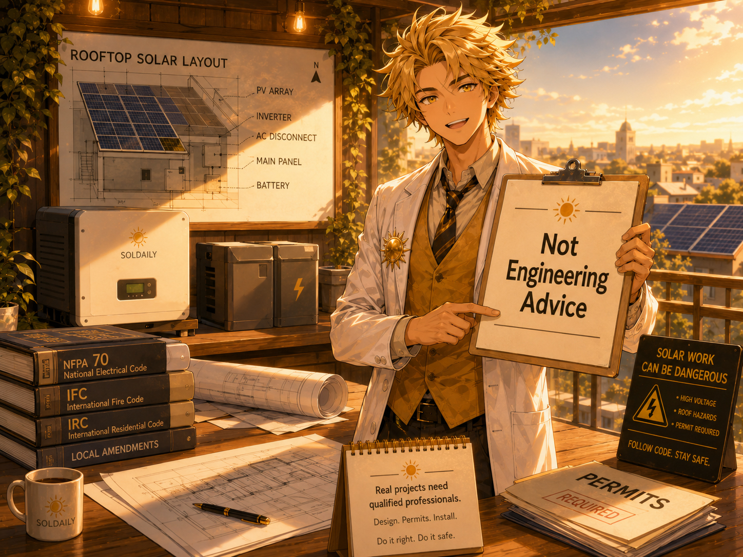 Solar Sensei and PV Boy explaining that SolDaily is educational solar science, not engineering advice or permit drawings