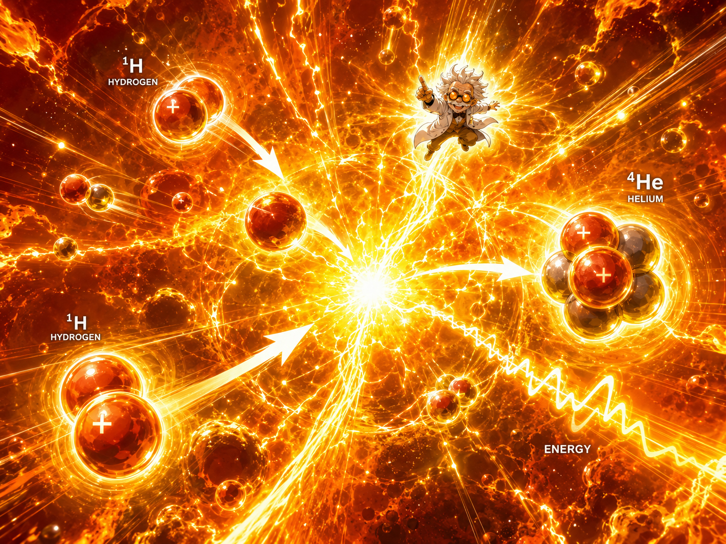 Manga-style nuclear fusion reaction inside the Sun’s core with hydrogen becoming helium and energy radiating outward