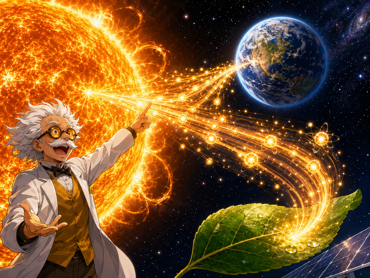 Professor Photon riding a beam of sunlight from the Sun toward Earth and solar panels