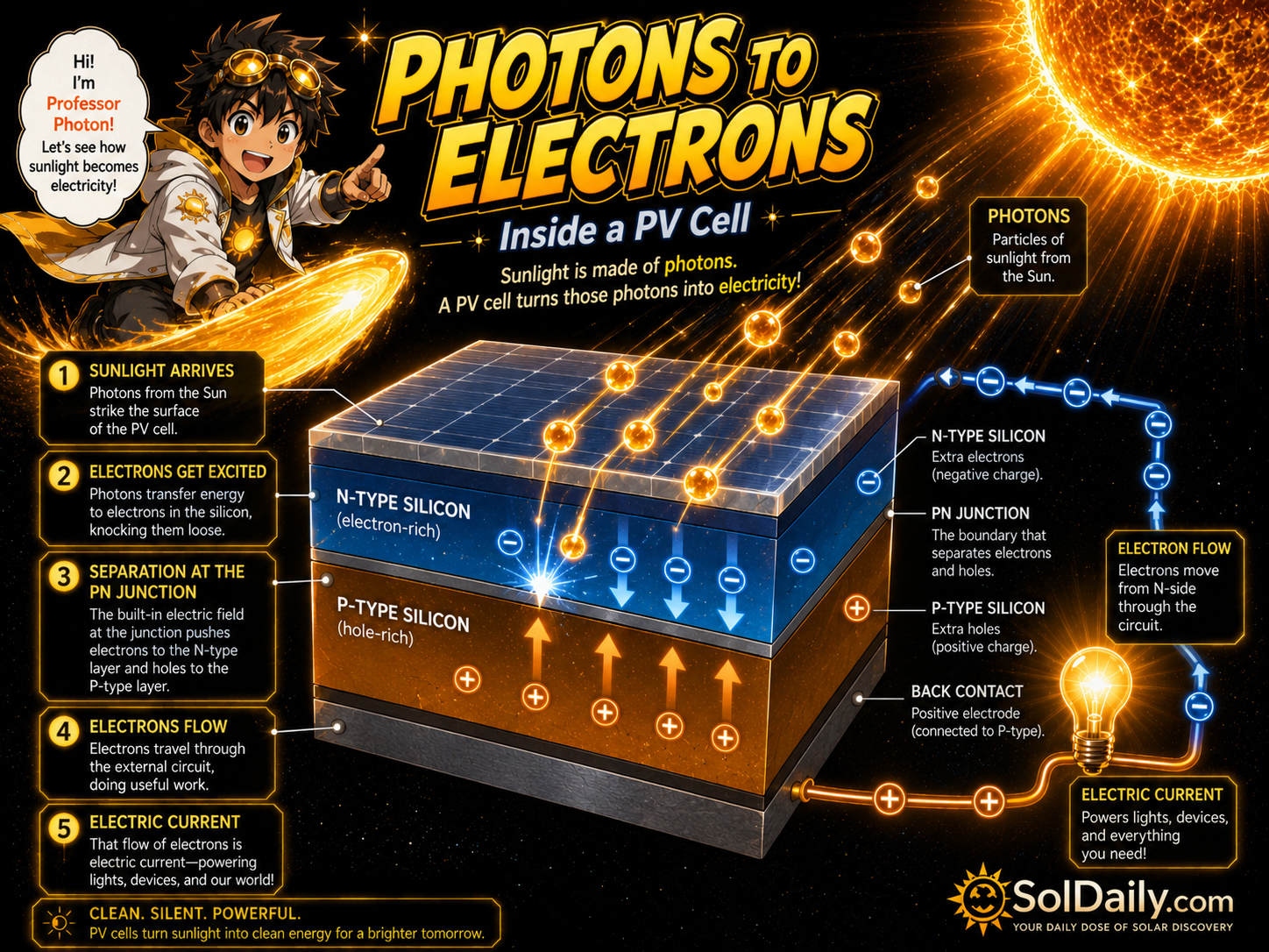 Professor Photon entering a photovoltaic solar cell and transferring energy to electrons while PV Boy explains current flow