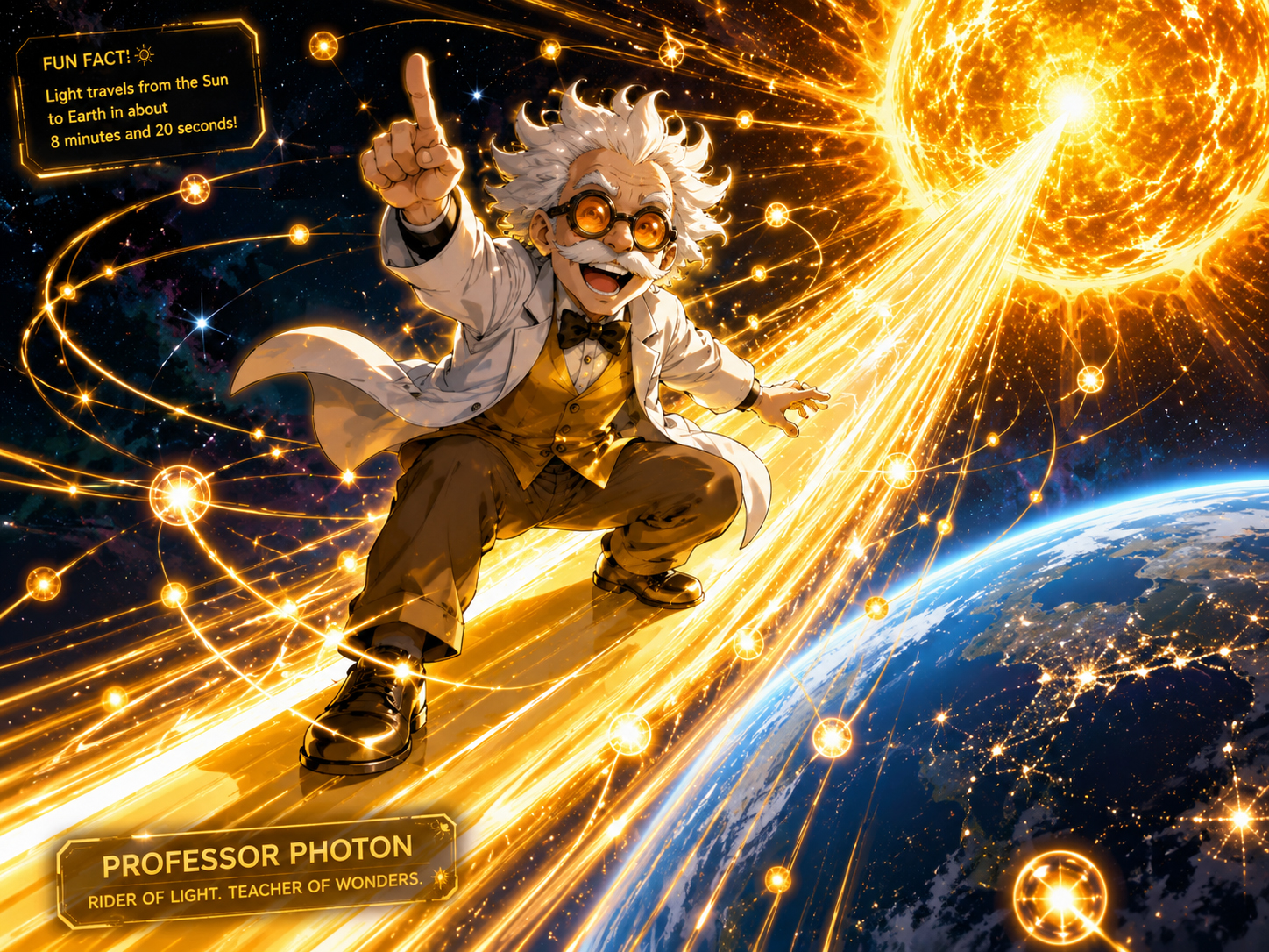 Professor Photon, a tiny glowing manga scientist, riding a beam of sunlight from the Sun toward Earth