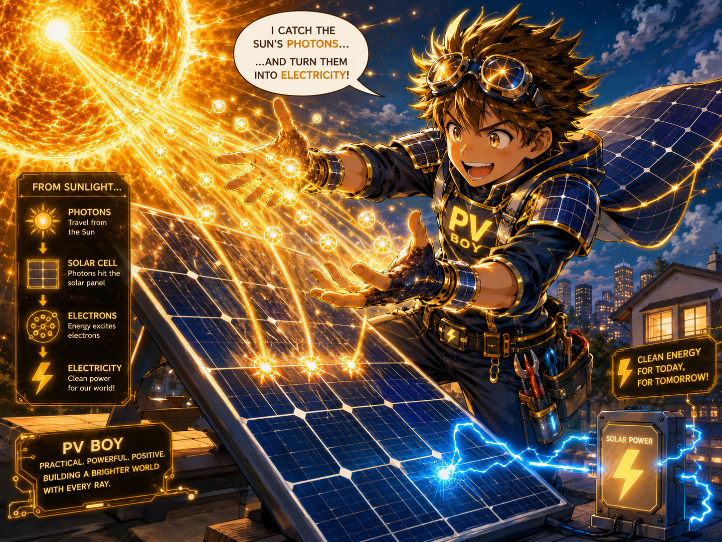 PV Boy catching glowing photons near a solar panel while explaining photovoltaic electricity