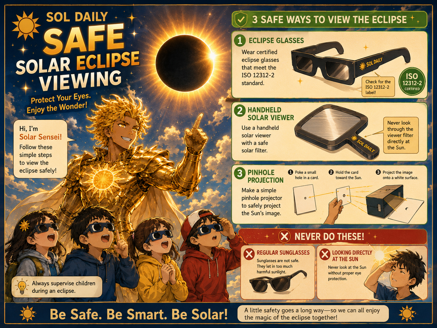 Solar Sensei teaching safe solar eclipse viewing while Professor Photon holds eclipse glasses and Madame Corona appears during totality