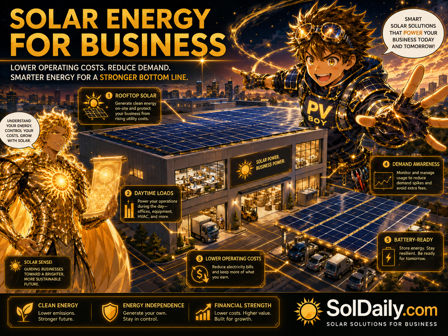 PV Boy and Solar Sensei explaining commercial solar panels, business loads, demand charges, batteries, EV charging, and monitoring