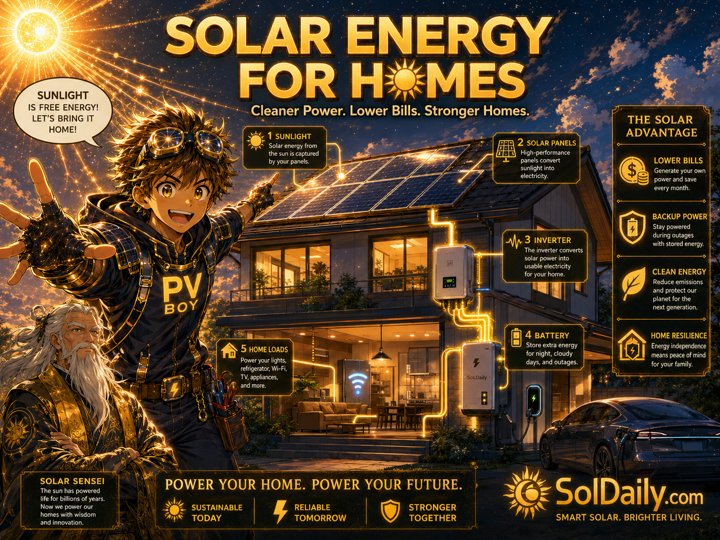 PV Boy and Earth Girl Terra explaining rooftop solar panels, home loads, batteries, EV charging, and monitoring for a family home