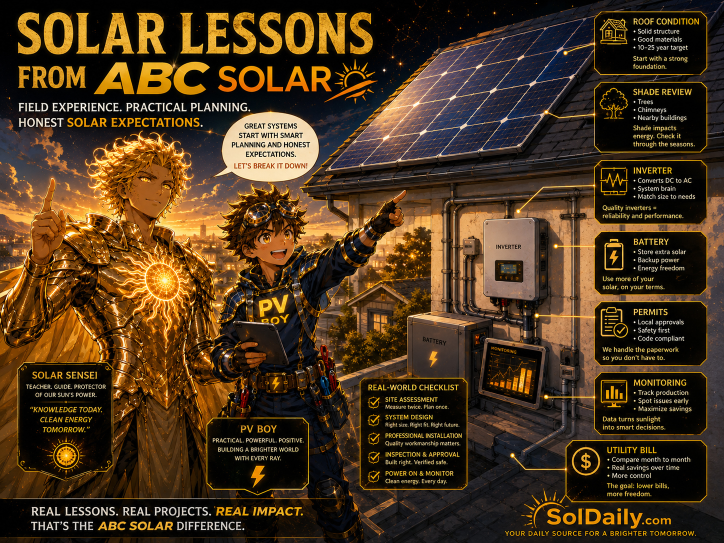 PV Boy, Solar Sensei, and ABC Solar field crew reviewing rooftop solar panels, batteries, inverter equipment, monitoring, and permits