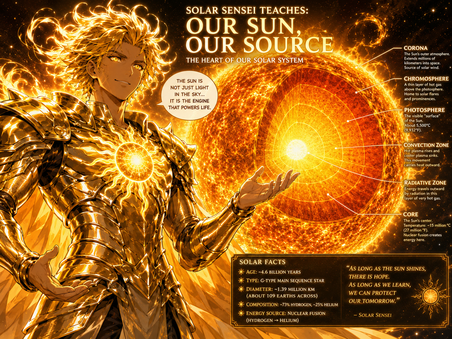 Solar Sensei teaching a manga solar science lesson with a glowing Sun diagram and lesson scroll