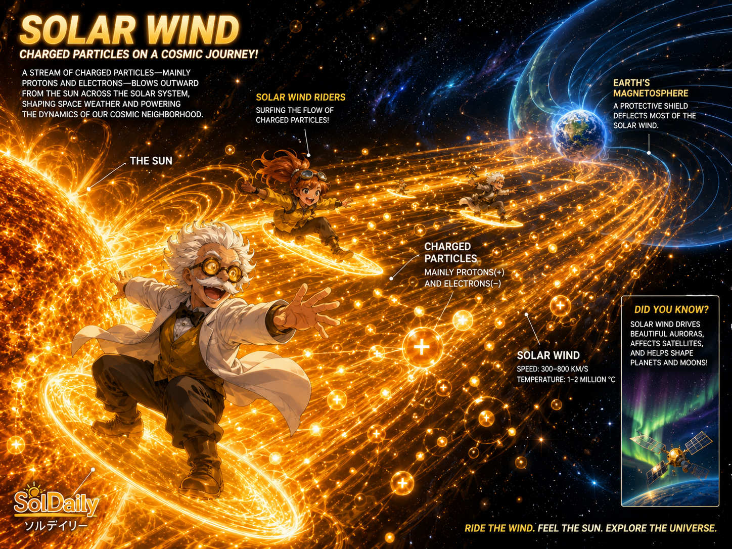 The Solar Wind Riders surfing charged particles from the Sun across the solar system toward Earth
