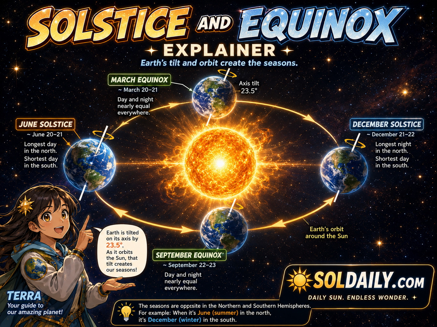 Manga-style diagram of Earth orbiting the Sun, showing solstices, equinoxes, daylight length, Sun angle, and seasonal shadows