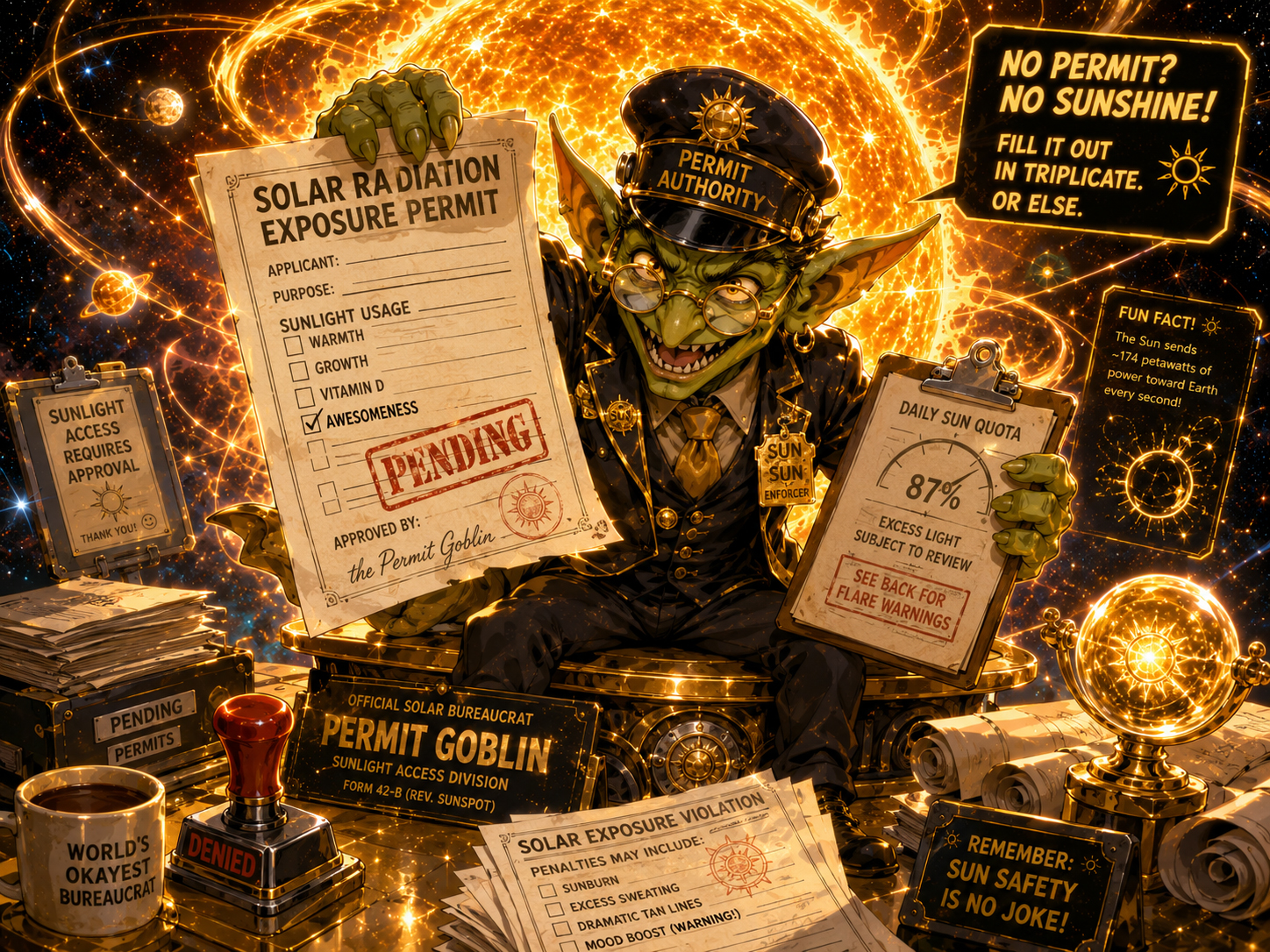 Permit Goblin Space Division wearing a space helmet and demanding paperwork for sunlight with forms and stamps floating around him