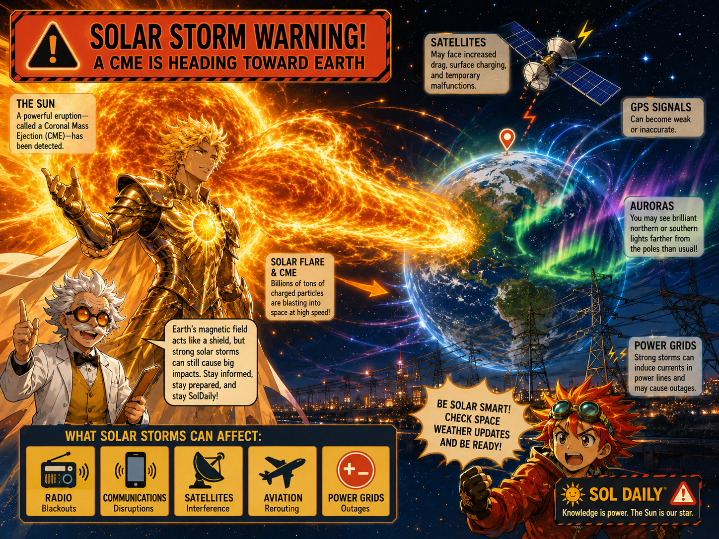Solar Sensei and Earth Girl Terra reviewing a space weather warning board with solar flares, CMEs, satellites, GPS, auroras, and power grid icons
