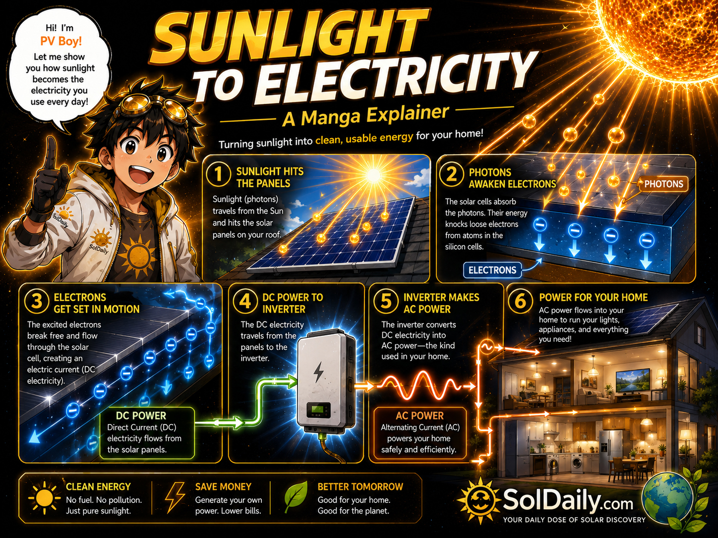 PV Boy and Professor Photon showing sunlight becoming electricity through solar panels, electrons, an inverter, and a powered building