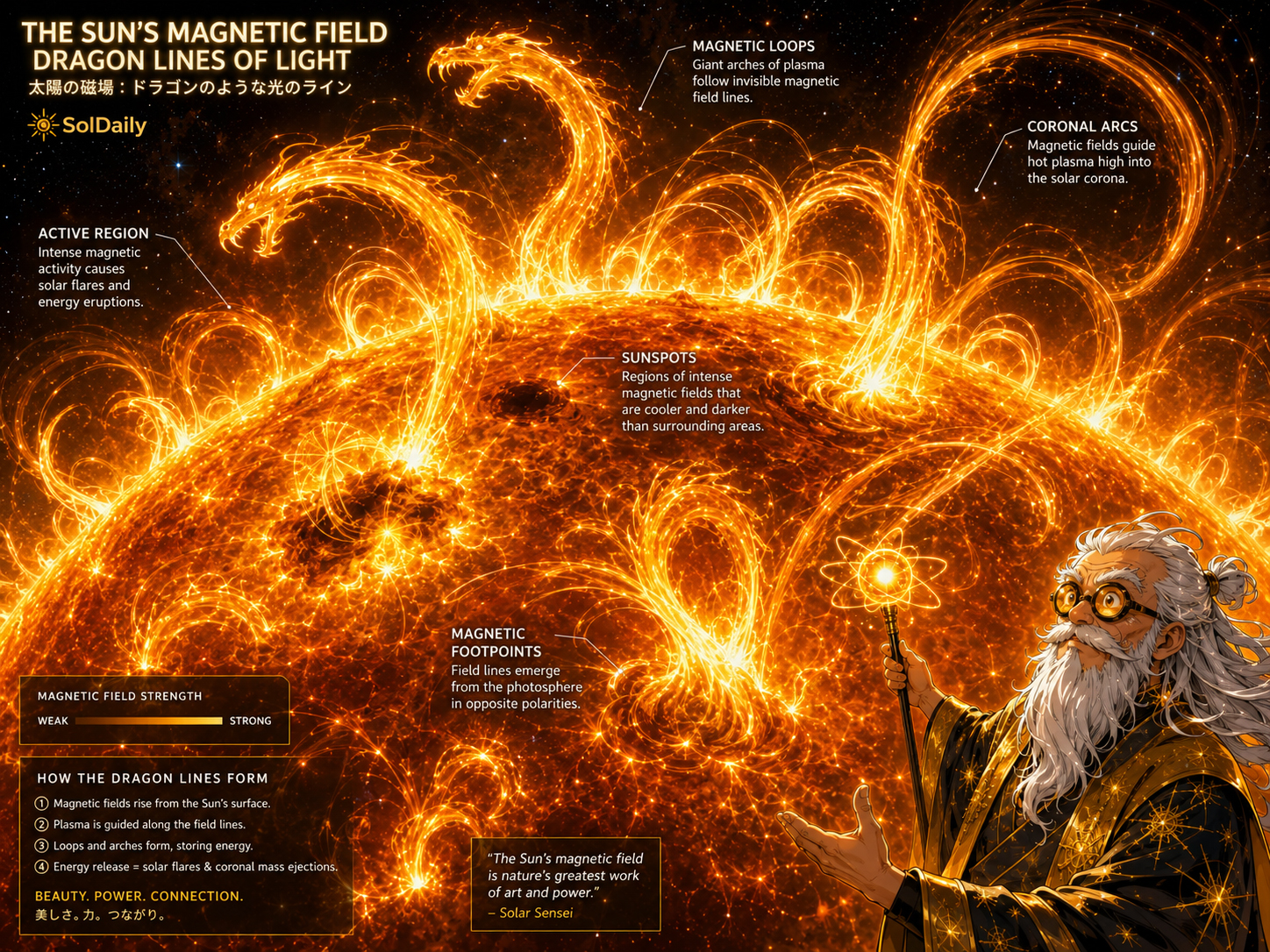 Manga-style magnetic dragon lines wrapping around the Sun and shaping sunspots, flares, and coronal loops