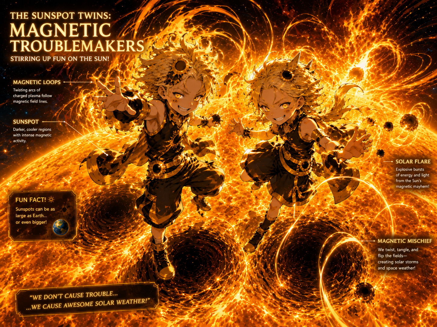The Sunspot Twins, two mischievous manga characters surrounded by dark solar spots and glowing magnetic field lines