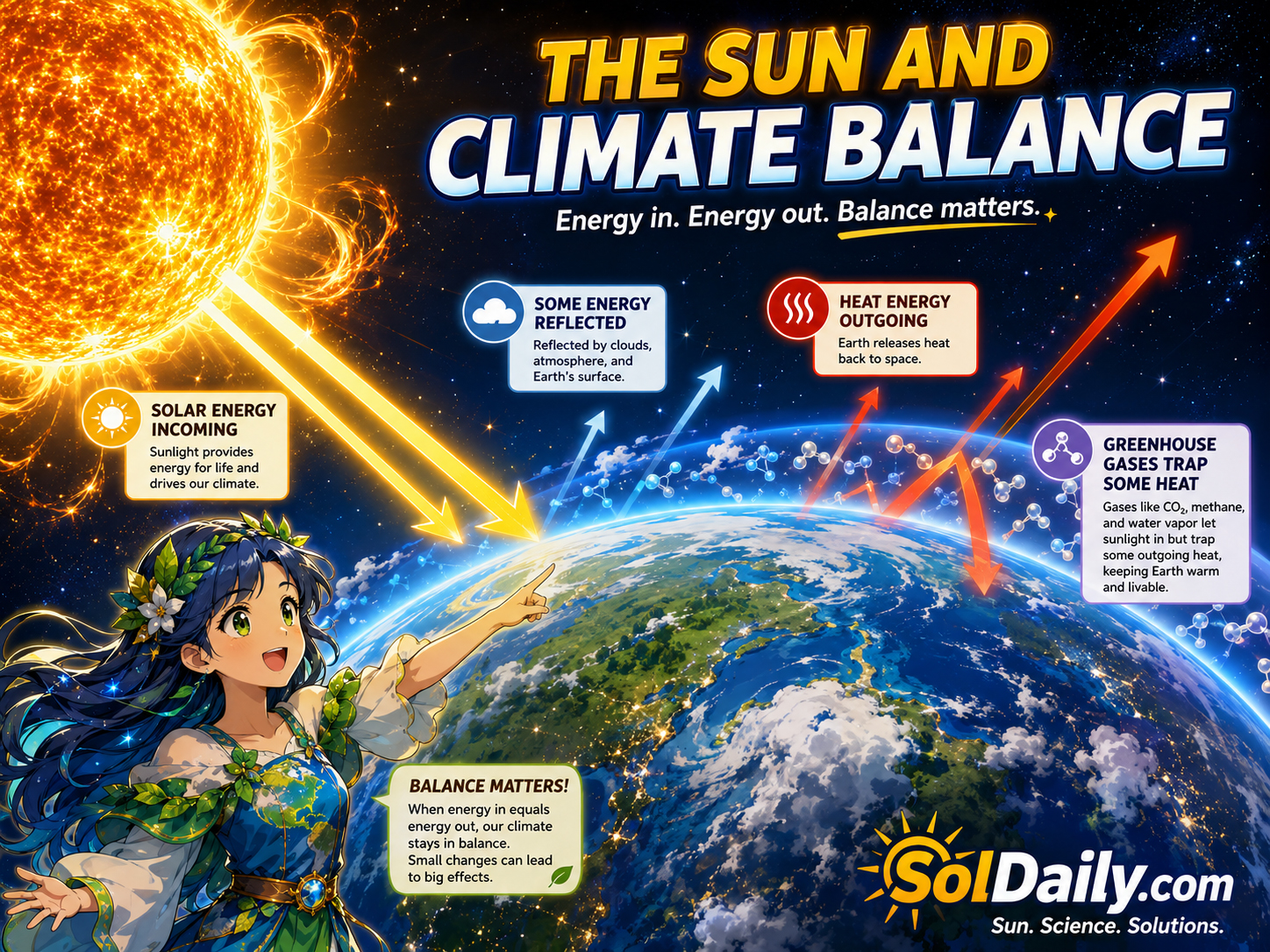 Earth Girl Terra and Solar Sensei explaining solar energy, atmosphere, greenhouse effect, clouds, oceans, ice, and Earth climate balance
