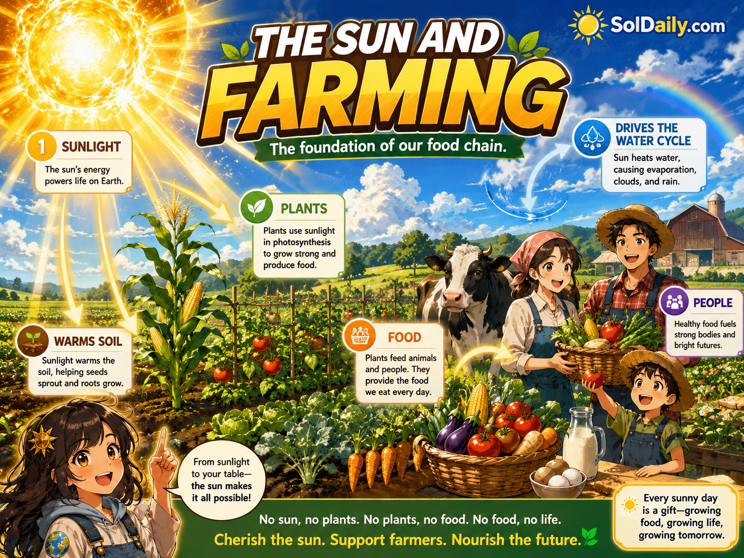 Earth Girl Terra and The Solar Man showing sunlight reaching crops, soil, irrigation water, farm animals, and solar panels