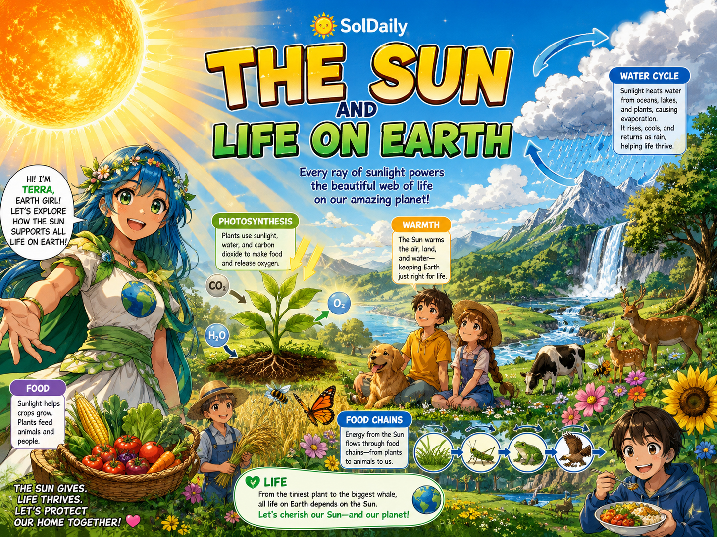 Earth Girl Terra and The Solar Man showing how sunlight supports plants, animals, water, weather, and life on Earth