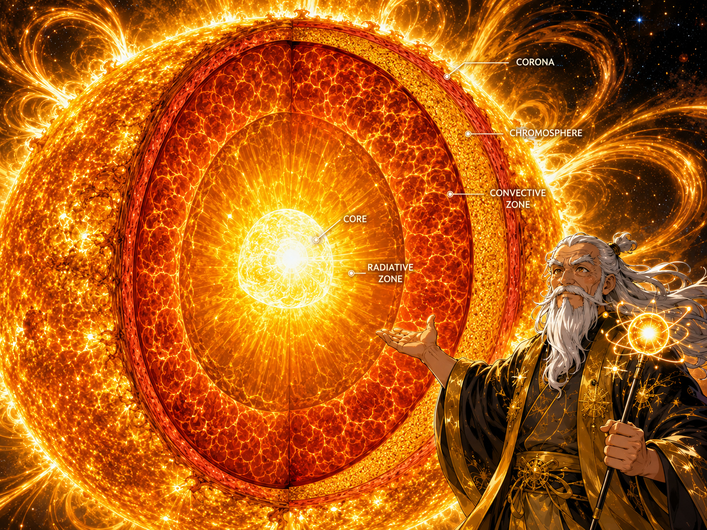 Manga-style cross-section of the Sun showing the core, radiation zone, convection zone, surface, and corona